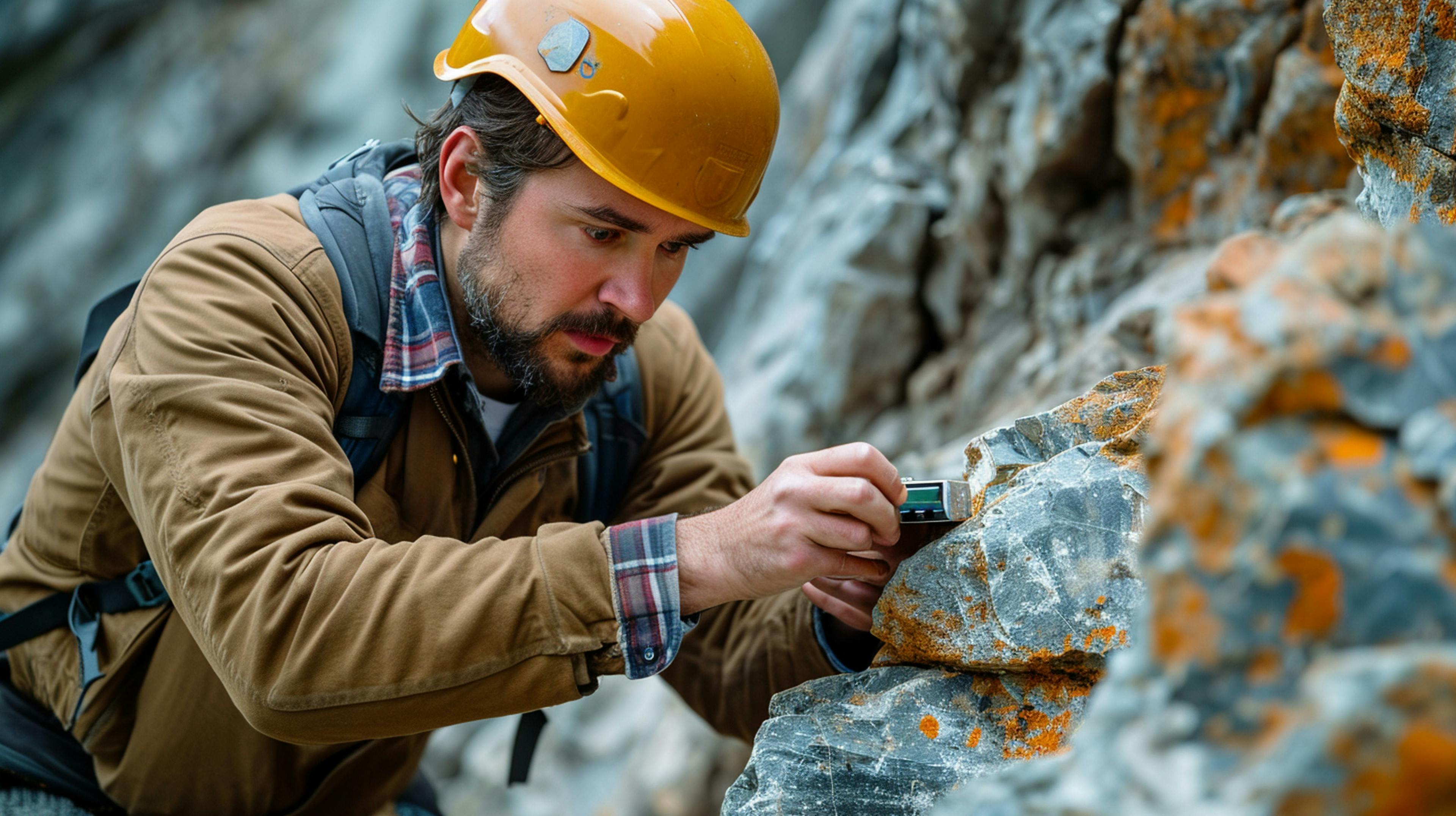 Geologist using a handheld spectrometer to analyze the mineral composition of a rock sample. © julia - stock.adobe.com