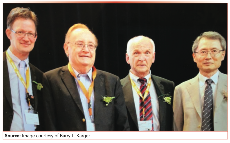 This photo was taken at the 39th International HPLC in Amsterdam in 2013. From left to right: Peter Schoenmakers, Karger, Wolfgang Lindner, and Nobuo Tanaka. These three distinguished chromatographers worked in Karger’s laboratory.