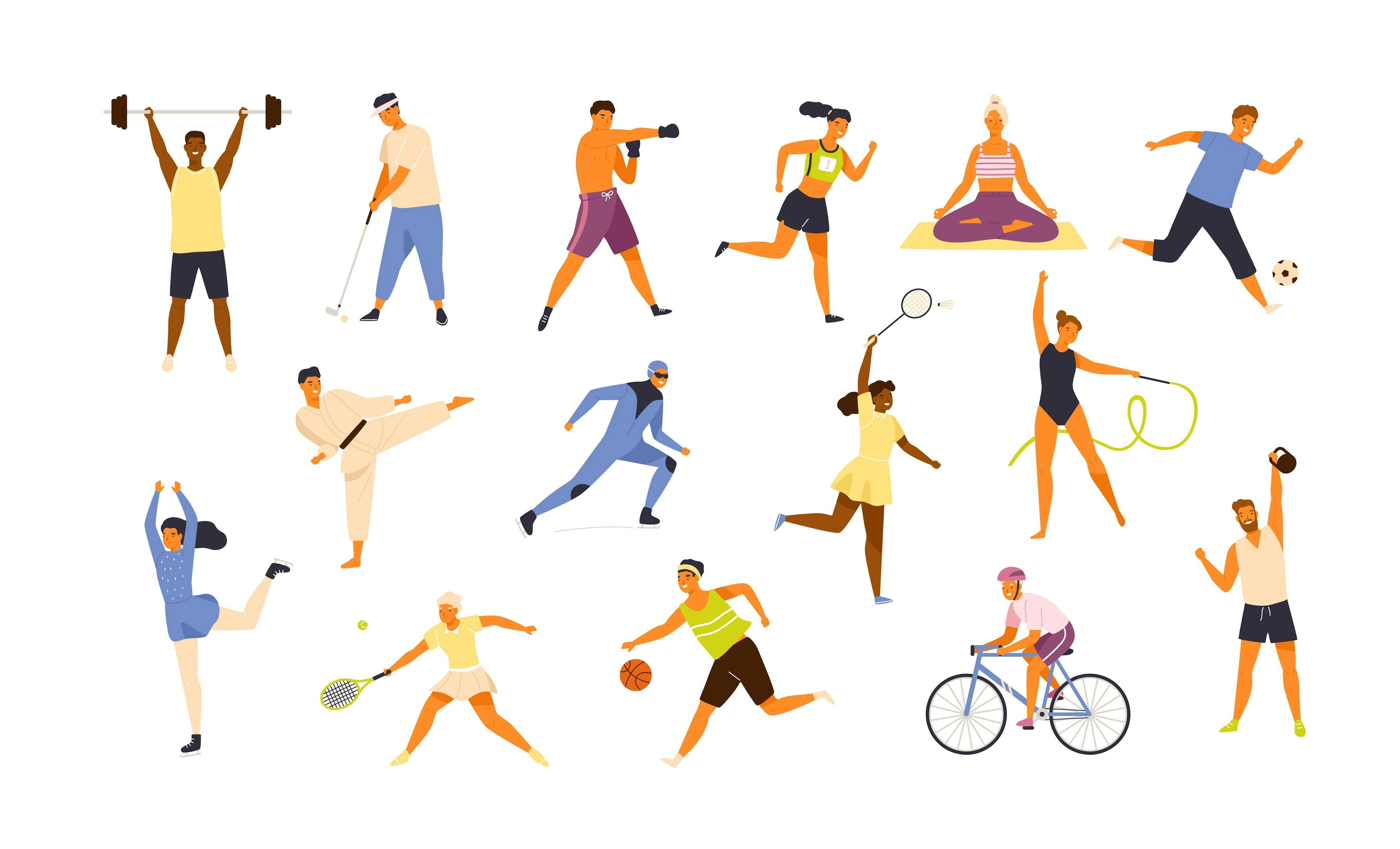 Collection of cute funny men and women performing various sports activities. Bundle of happy training or exercising people isolated on white background. Vector illustration in flat cartoon style. | Image Credit: © Good Studio - stock.adobe.com
