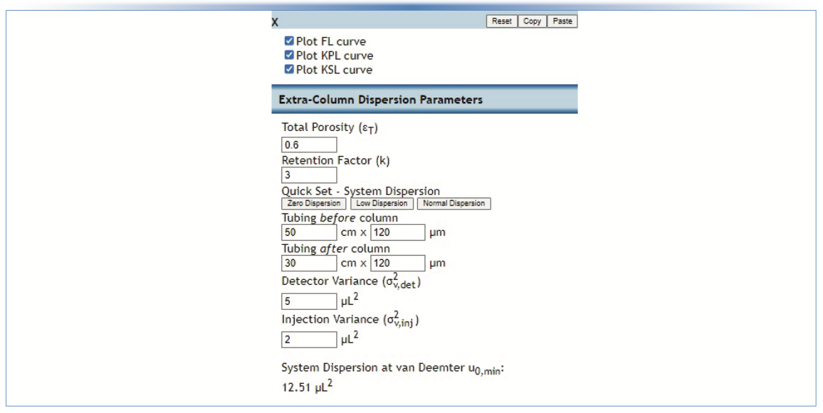 FIGURE 2: Screenshot of system inputs for calculation of column and extra-column dispersion, time, and pressure.