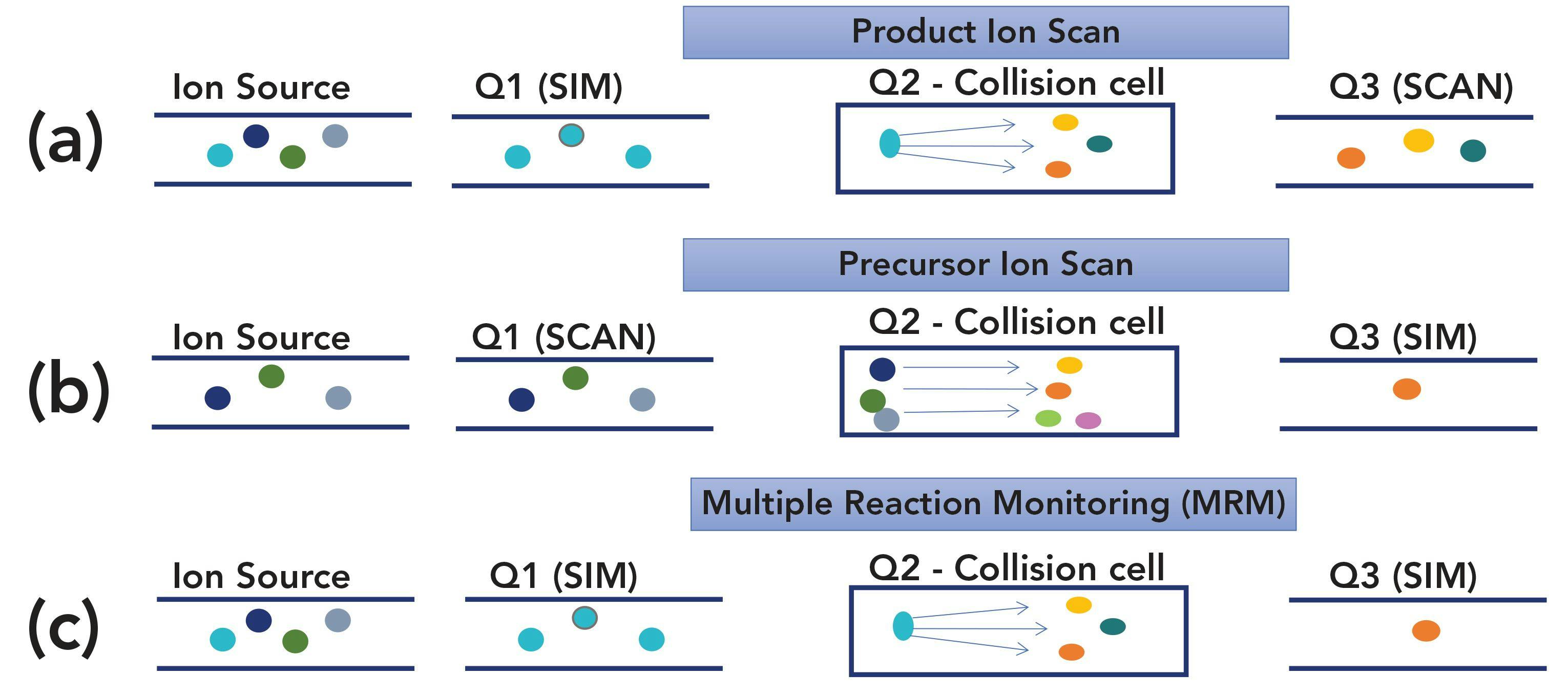 FIGURE 2: Modes of GC–MS/MS operation: (a) product ion scan; (b) precursor ion scan; and (c) multiple reaction monitoring.