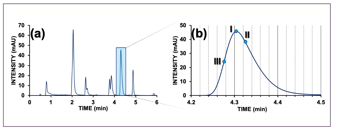FIGURE 2: (a) Example of a small molecule separation by reversed-phase. (b) Highlighted peak with different retention time definition points references on the peak. See text for explanation. AU = arbitrary units.