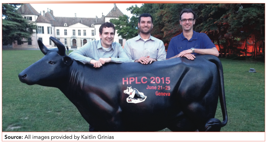 Three UNC graduates James Grinias, William Black, and Edward Franklin (left to right) reunite in June 2015 at the HPLC Conference in Geneva, Switzerland.