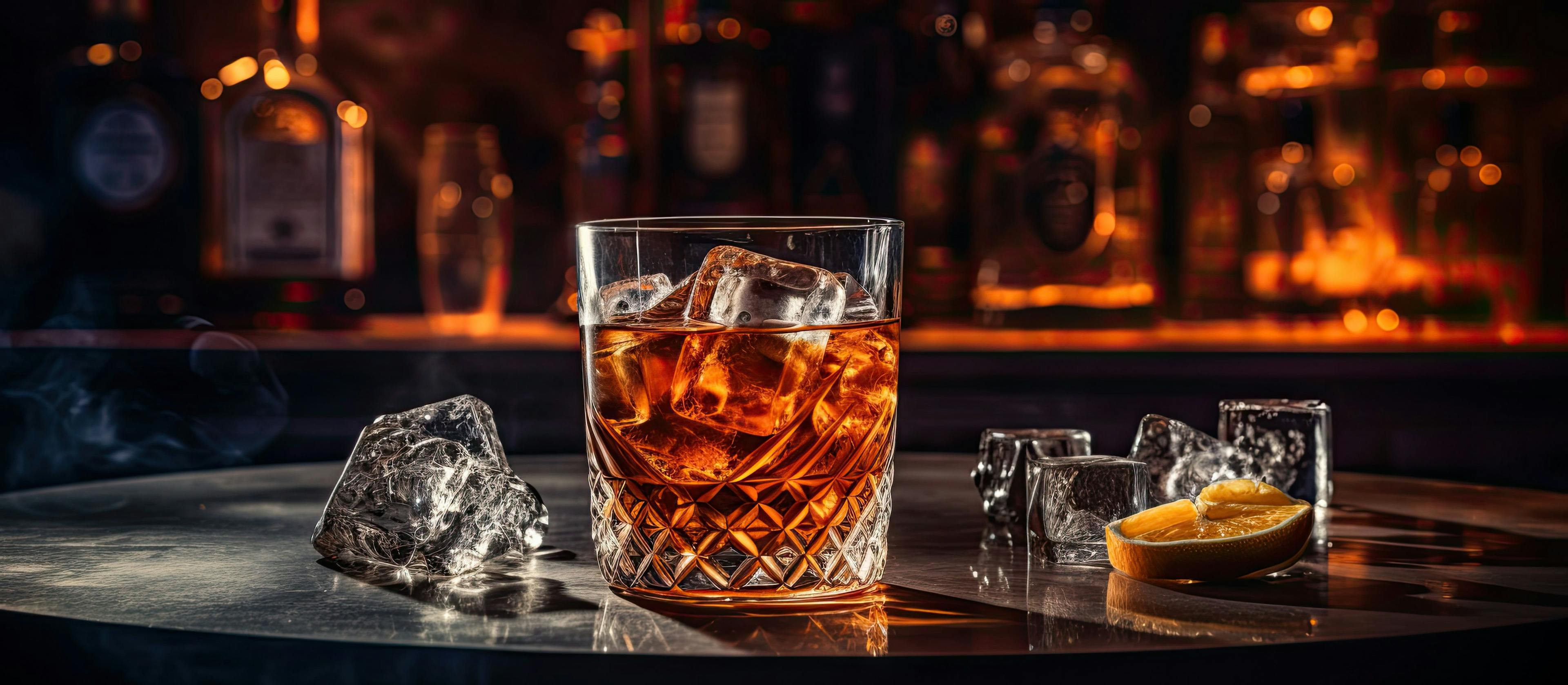 a dark and moody atmosphere with a glass of sophisticated whiskey, including ice cubes, placed on a wooden table | Image Credit: © HN Works - stock.adobe.com