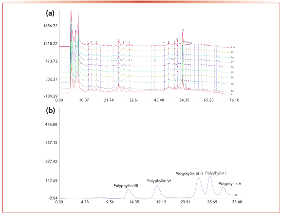 FIGURE 3: (a) Characteristic chromatograms obtained from 10 batches of gongxuening capsules on DMP-D, and (b) chromatogram of mixed standard compounds on DMP-D.