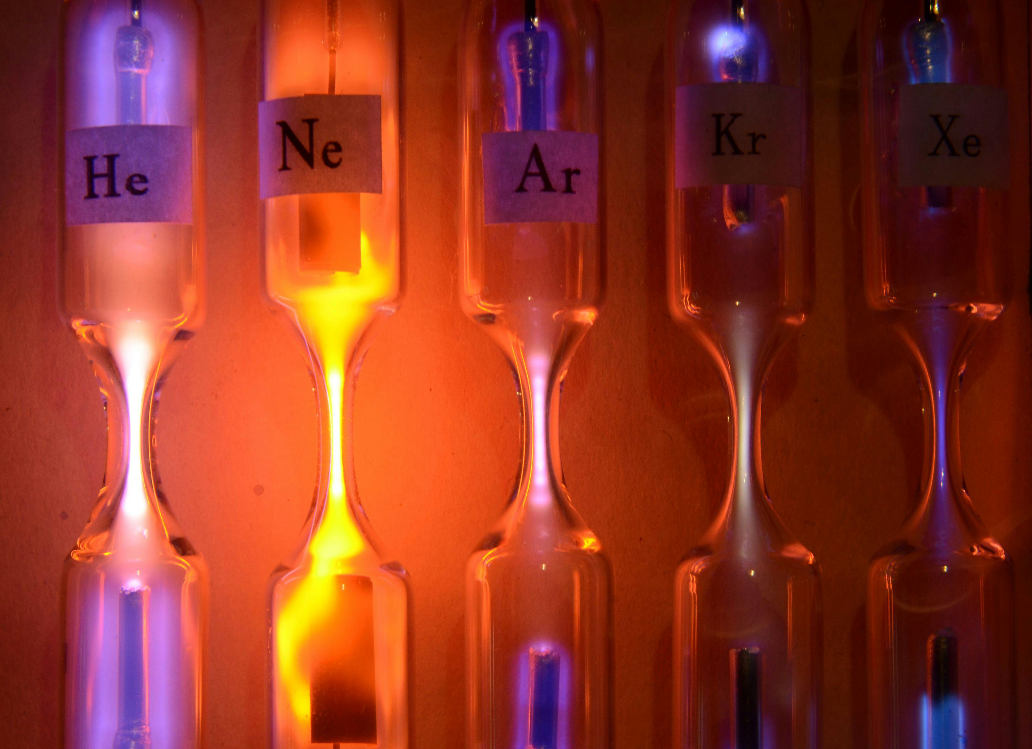 Tubes with inert gases excited with high voltage. From left to right: Helium, Neon, Argon, Krypton and Xenon. Each tube emits a different color and intensity. | Image Credit: © Kim - stock.adobe.com