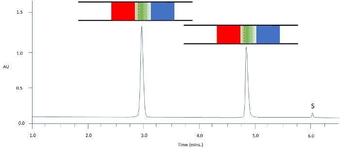 Figure 4: Separation of two model analytes using reversed-phase HPLC; C18 100 x 2.1 mm, starting gradient composition 90:10 aq: MeCN for 1 min followed by linear gradient to 70% MeCN in 12 min; Column representations: Green – analyte band / Blue – weaker solvent / Red – stronger solvent; sample diluent MIBK; injection volume 10mL; S = sample solvent peak.