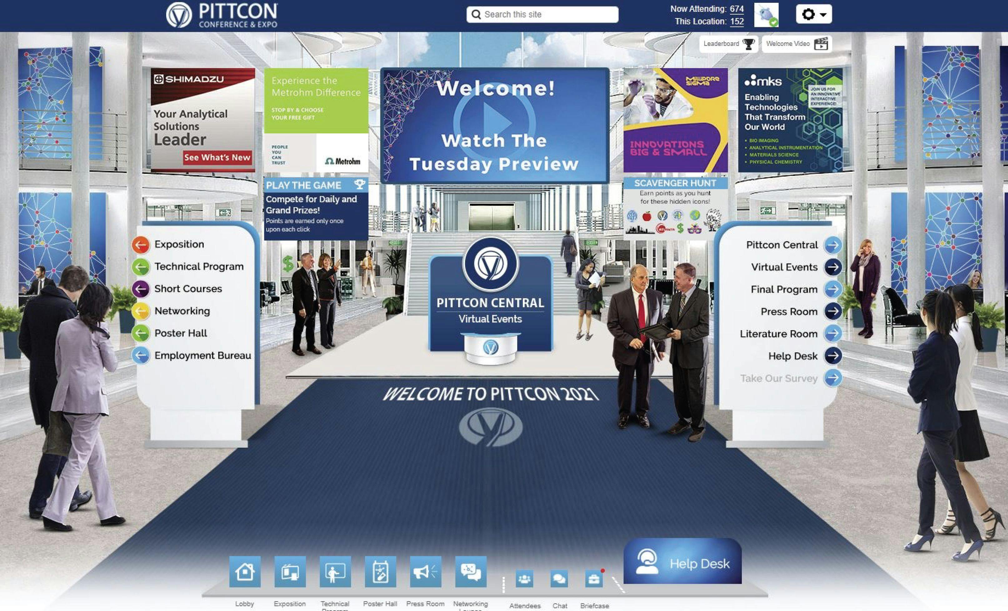 FIGURE 3: The landing page (main menu) of the web-based platform allowing quick navigation to all venues and events at Pittcon 2021.