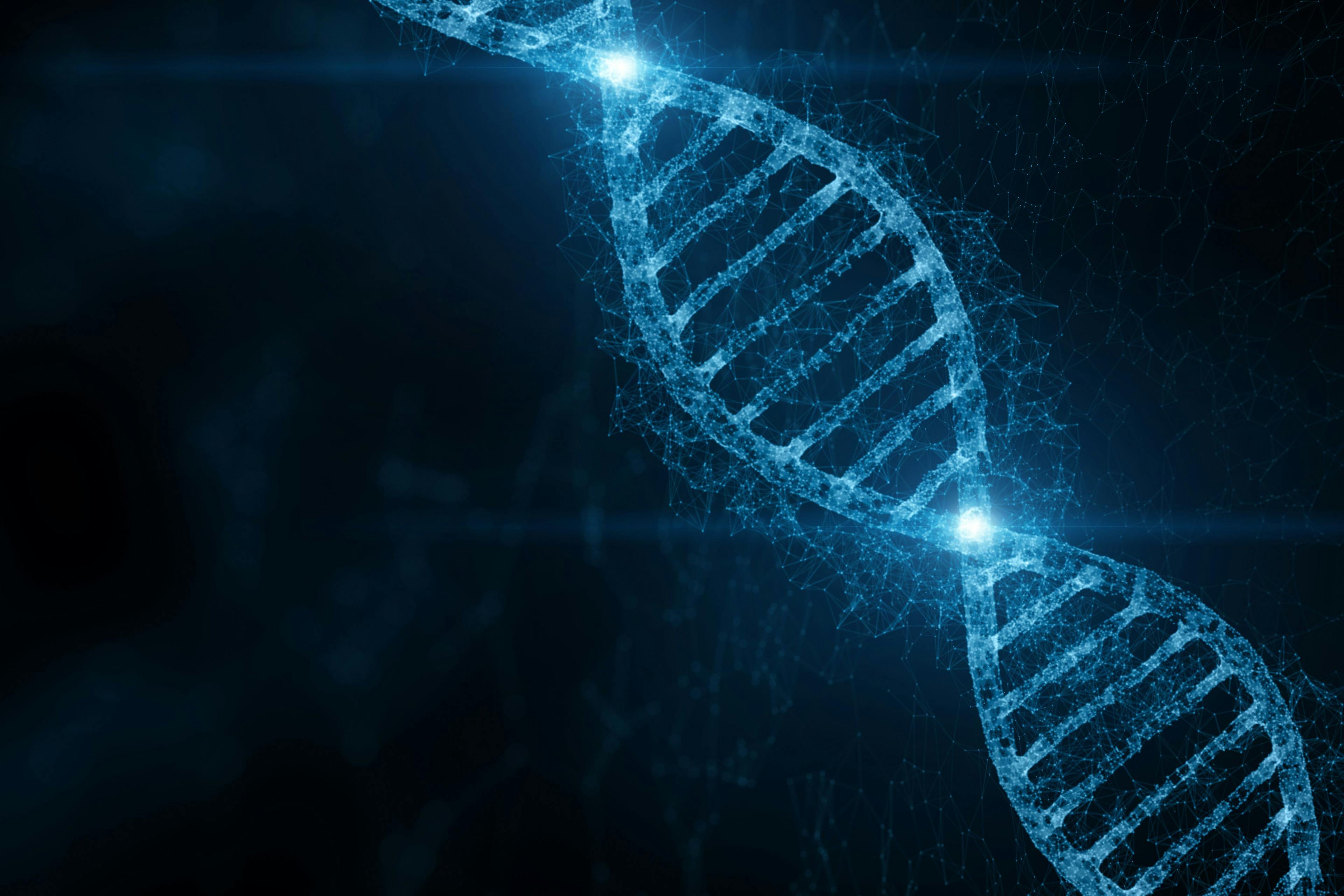 Abstract blue colored shiny dna molecule on futuristic digital illustration background. | Image Credit: © robsonphoto - stock.adobe.com. 