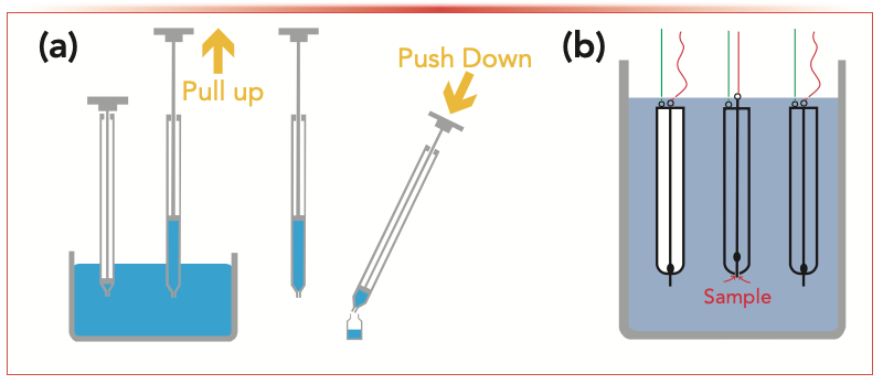 FIGURE 1: Liquid sampling procedures based on (a) laboratory pipettes or (b) valved collection tubes.