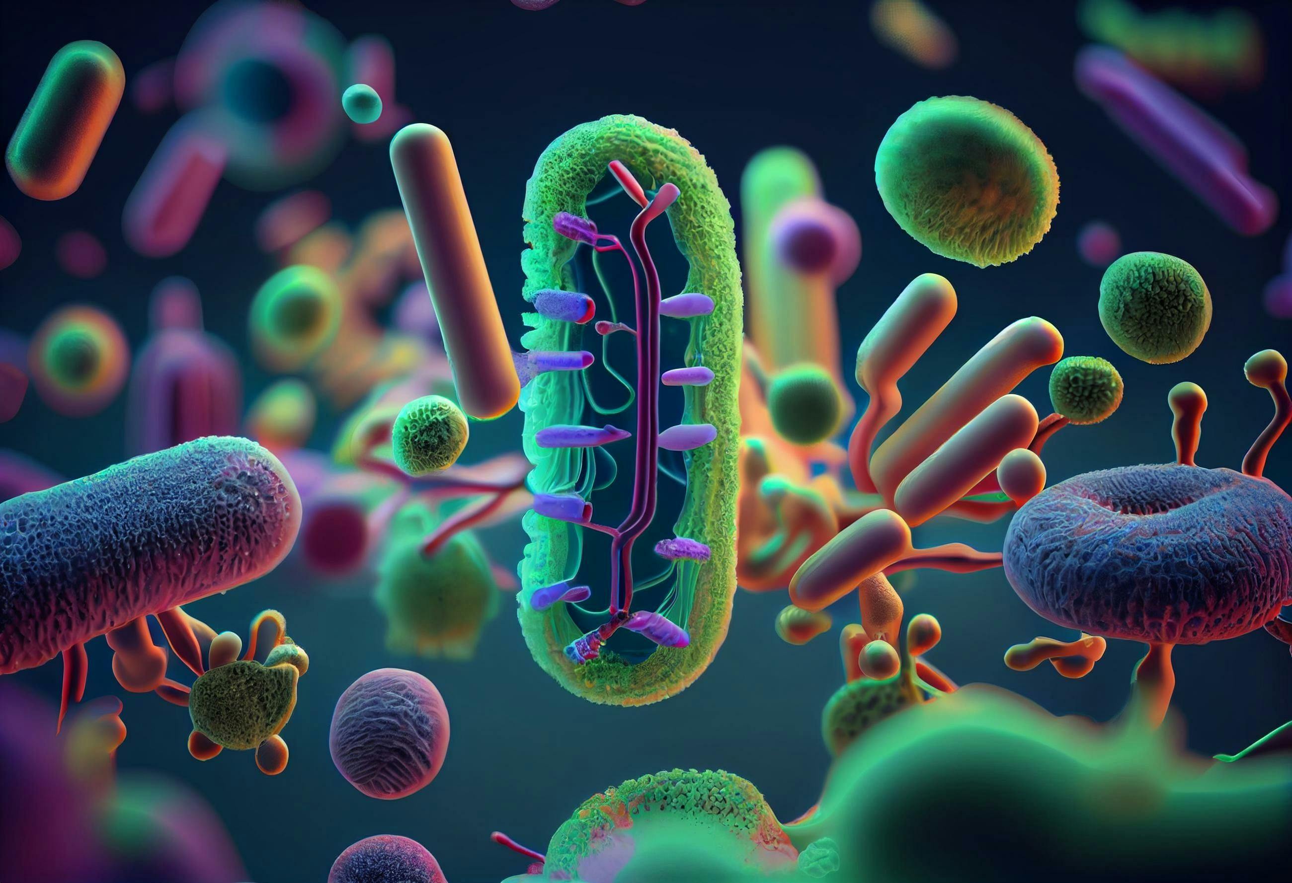 Micro bacterium and therapeutic bacteria organisms. Microscopic salmonella, lactobacillus or acidophilus organism 3D Render. Generative AI | Image Credit: © Petr - stock.adobe.com