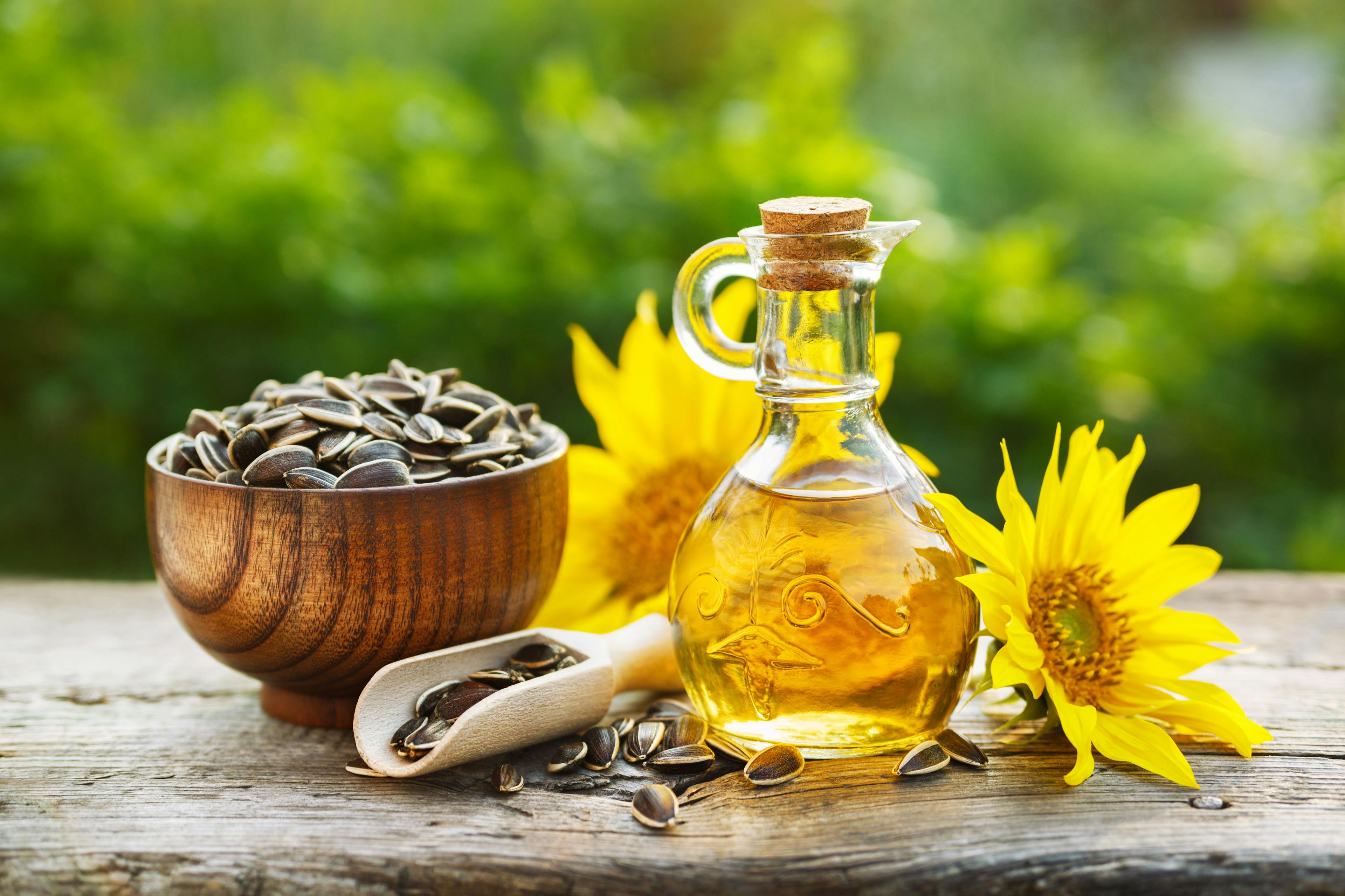 Organic sunflower oil in a small glass jar with sunflower seeds and fresh flowers. Outdoors | Image Credit: © valya82 - stock.adobe.com 