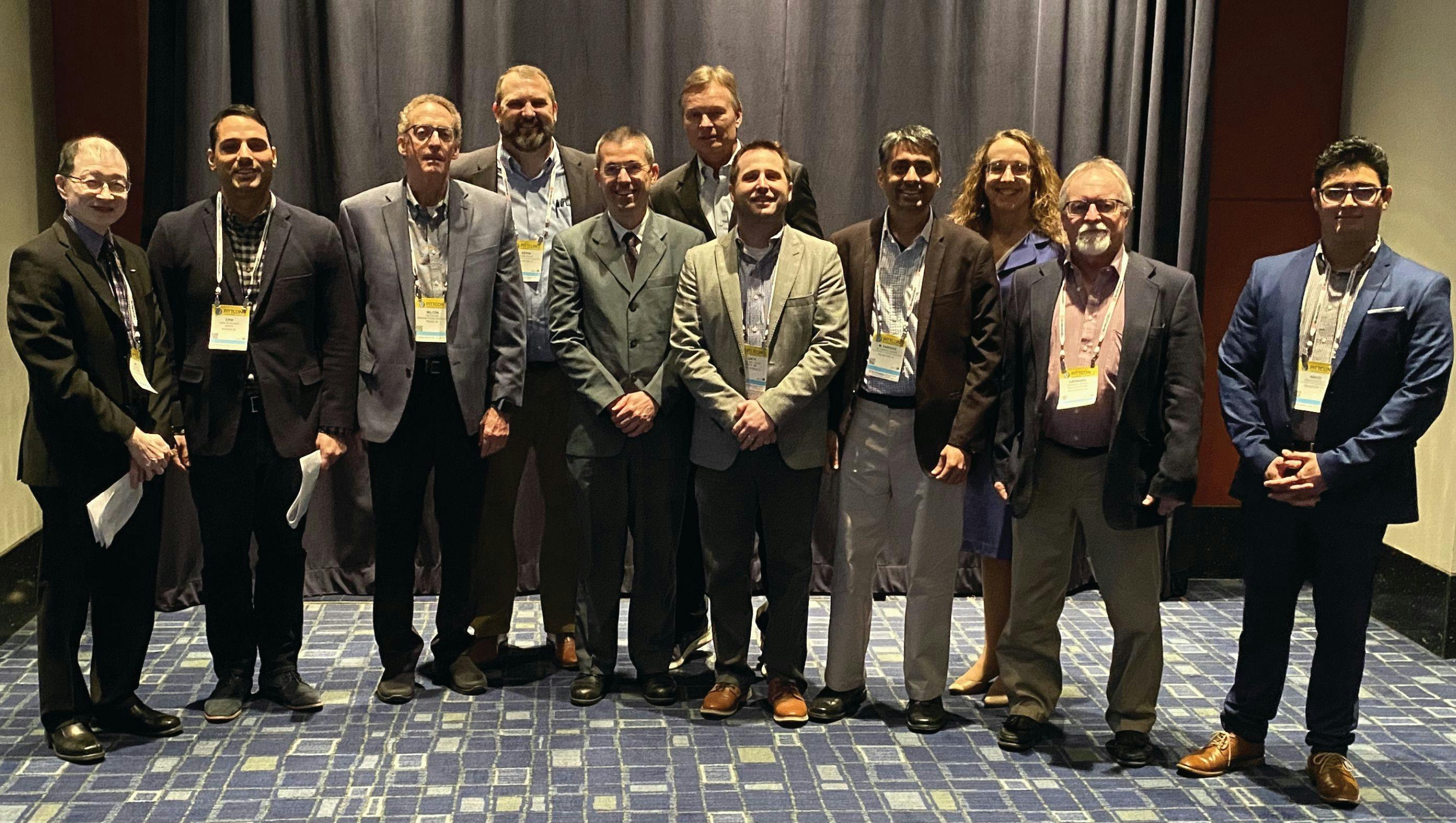 From the 2020 LCGC Lifetime Achievement Award session at PittCon. Regalado is the second from the left along with an incredible array of fellow distinguished scientists. From left to right: Jim Luong, Regalado, Milton Lee, Kevin Schug, Fabrice Gritti, Daniel W. Armstrong, Zach Breitbach, Farooq Wahab, Laura Bush, Len Sidisky and Abiur Portillo. Image submitted by Daniel Armstrong.