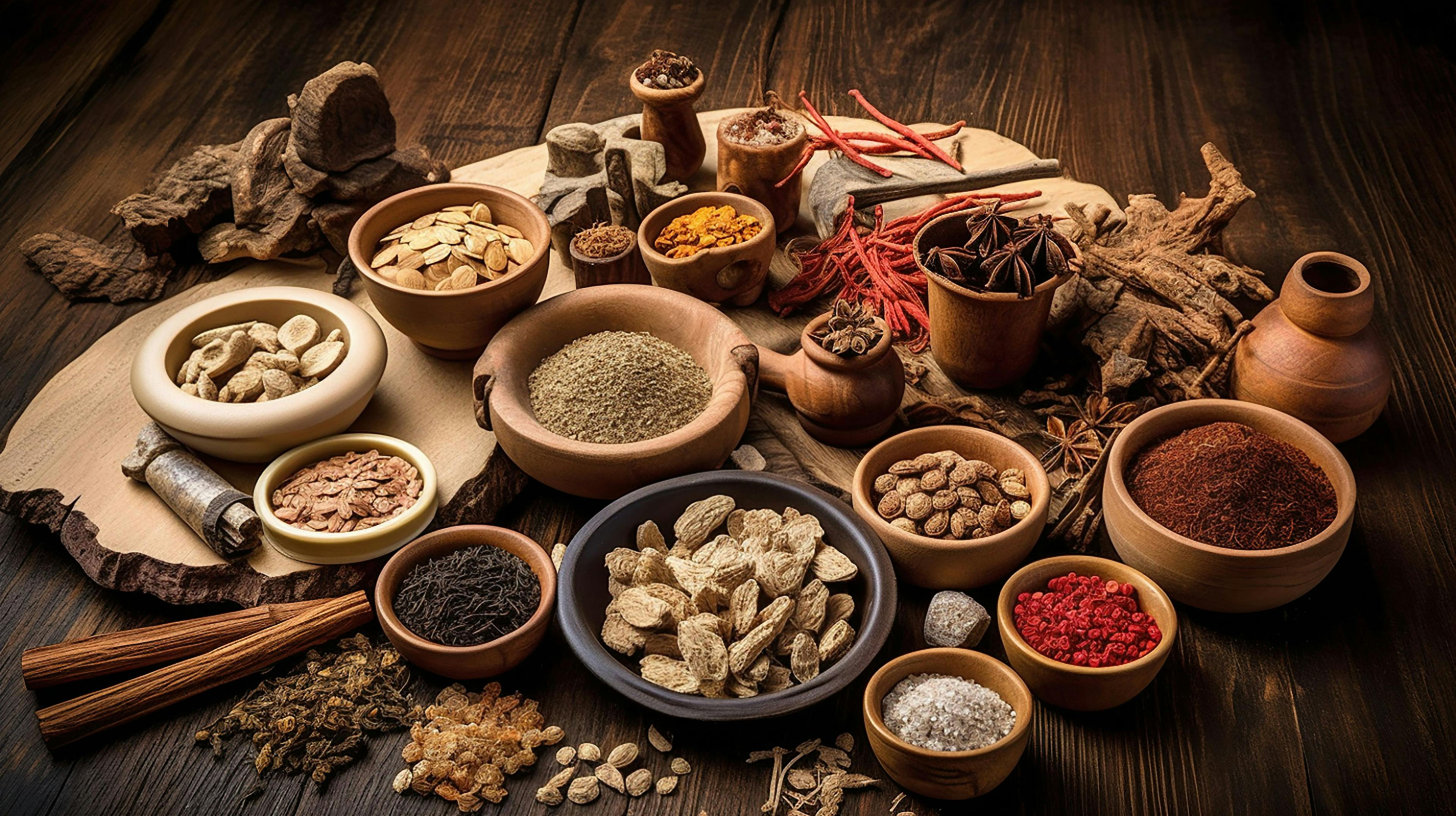 Traditional Chinese medicine with herb and spices in brown wooden background mortar and pestile, for medicine advertising. Generated with AI | Image Credit: © vectorizer88 - stock.adobe.com