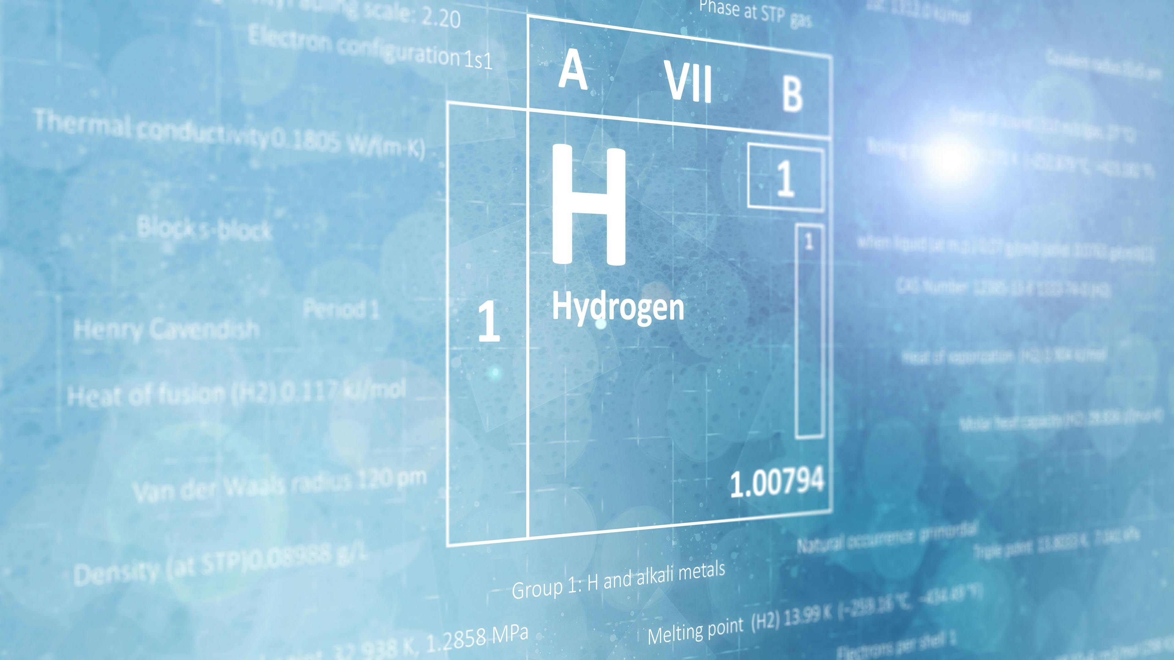 Elemental hydrogen concept from the periodic table of chemical elements. Light blue background. | Image Credit: © Issah - stock.adobe.com
