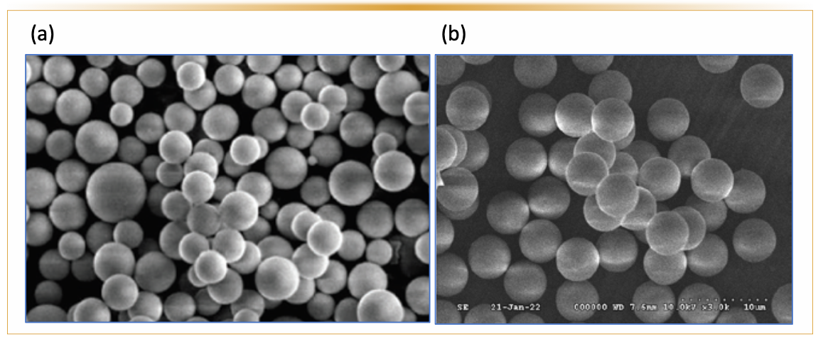FIGURE 1: Particle SEM imaging, (a) commercial polydisperse silica particles, and (b) monodisperse particles (Fortis Technologies Ltd).
