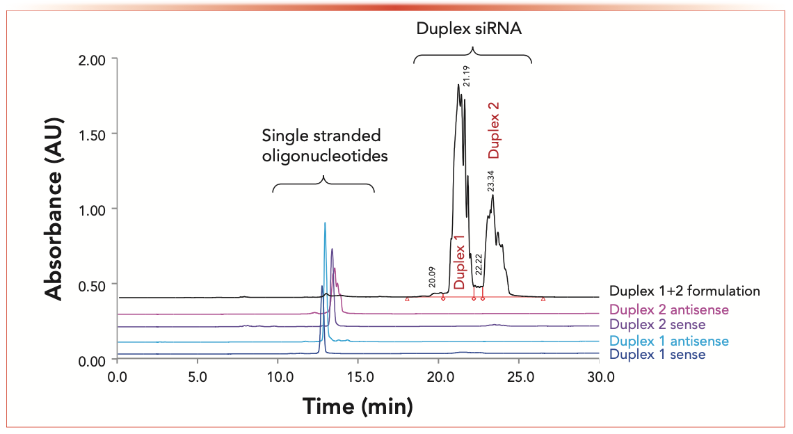 FIGURE 2: Separation of single-stranded RNA oligonucleotides from siRNA duplexes in a nondenaturing IP-RPLC method.