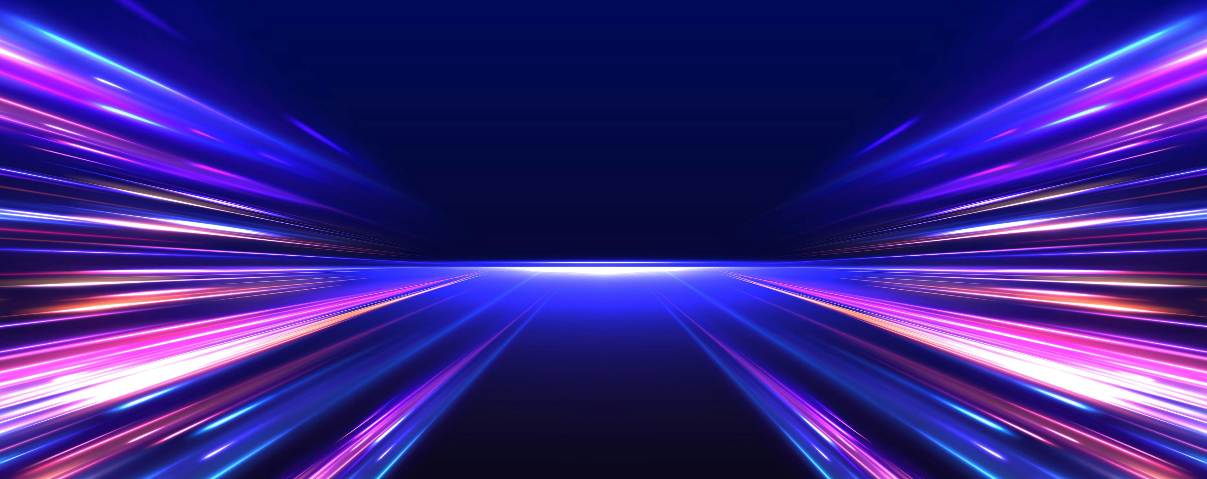 Vector glitter light fire flare trace. Abstract image of speed motion on the road. Dark blue abstract background with ultraviolet neon glow, blurry light lines, waves | Image Credit: © ikril - stock.adobe.com