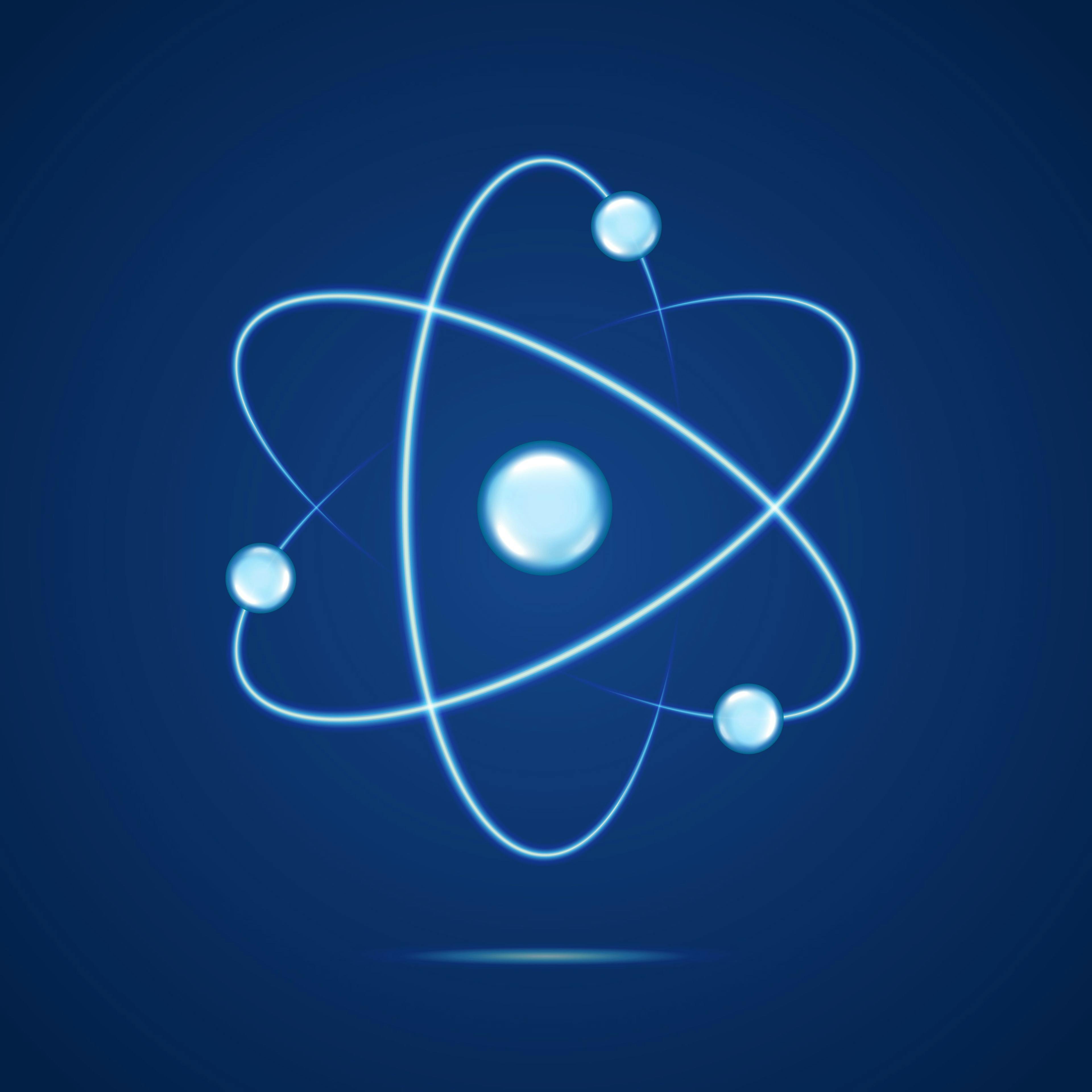 Atom icon. Neon light atomic neutron. Atom blue color. Nuclear atom. 3d cell nucleus. Molecule fusion. Orbit spin. Proton core symbol. Ion element. Science physics. Energy core. Vector illustration | Image Credit: © Omeris - stock.adobe.com