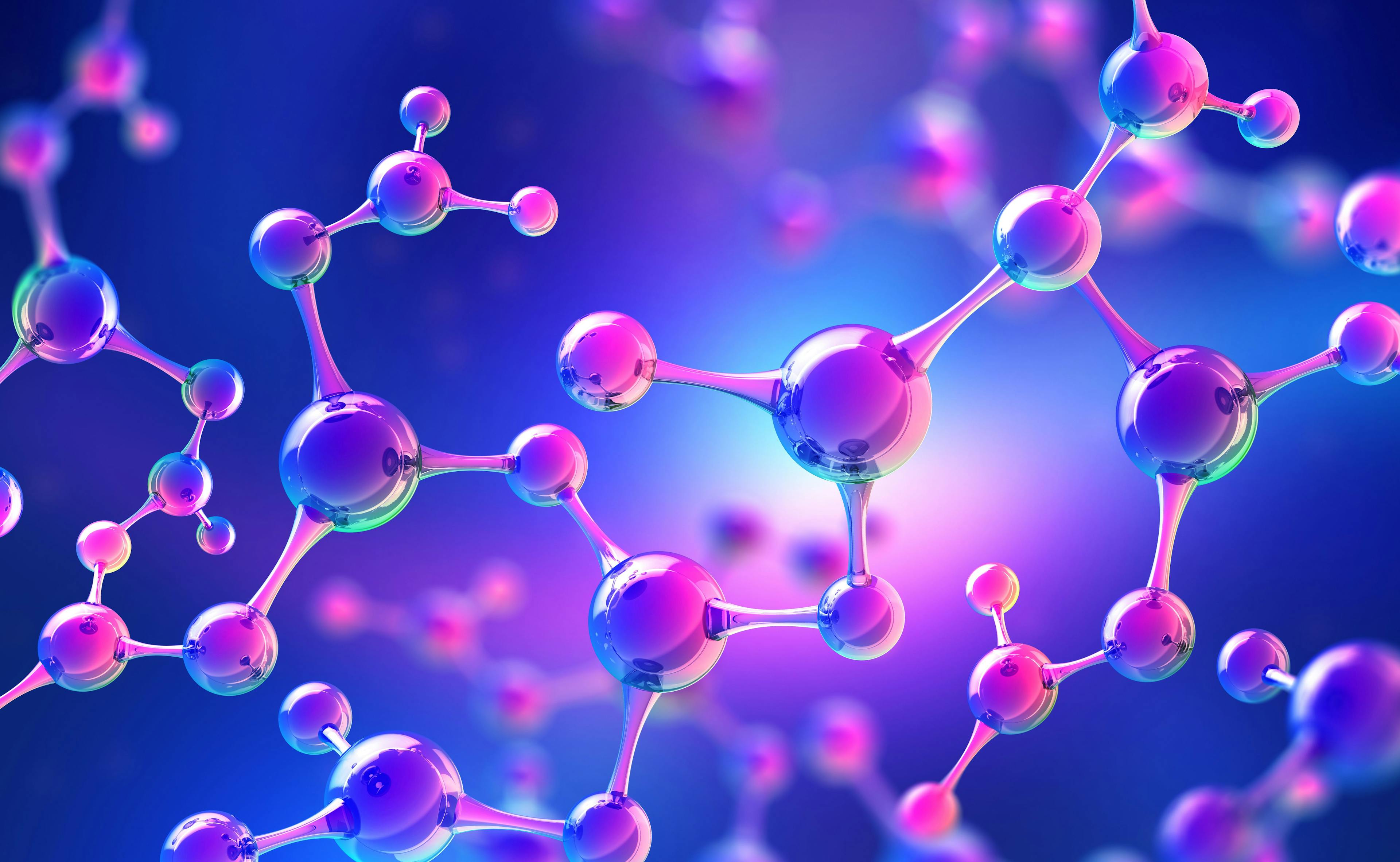 Abstract molecule model. Scientific research in molecular chemistry. 3D illustration on a pearl blue background | Image Credit: © Siarhei - stock.adobe.com