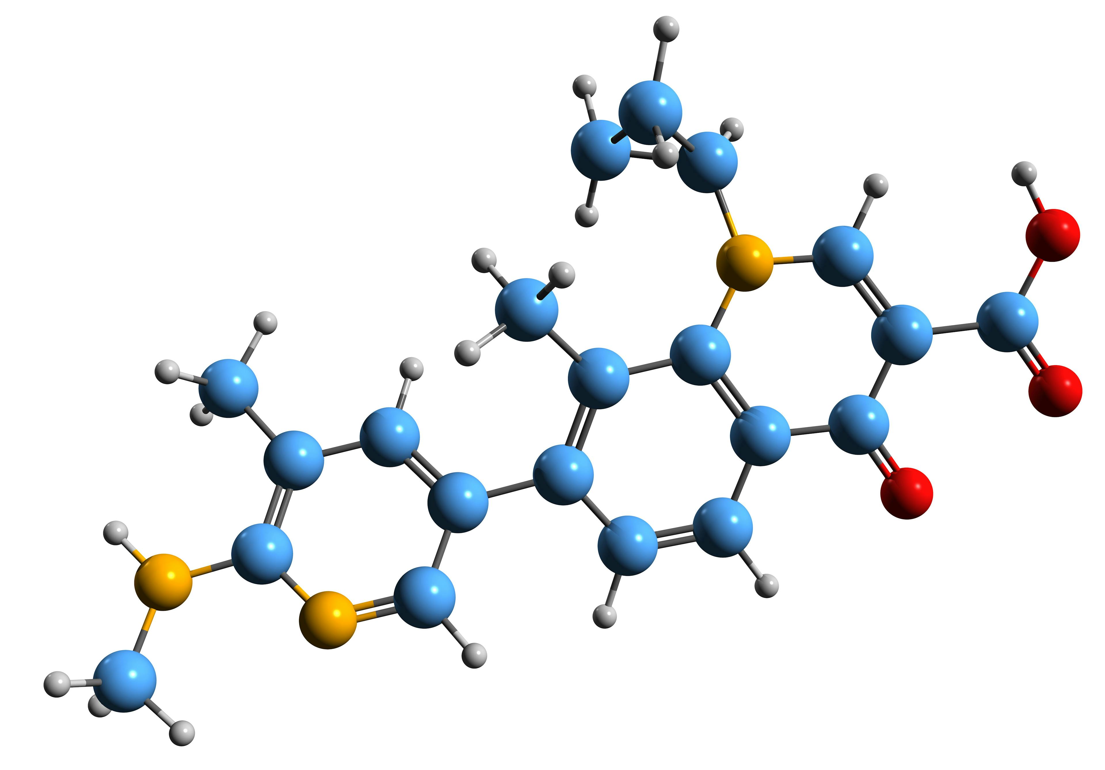 3D image of Ozenoxacin skeletal formula - molecular chemical structure of Impetigo medication isolated on white background | Image Credit: © kseniyaomega - stock.adobe.com