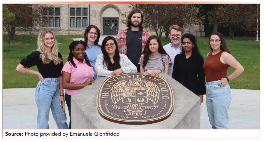 Gionfriddo’s group in 2021 at the University of Toledo. From left: Charlotte DeRosa (undergraduate researcher), Aghogho Abigail Olomukoro (PhD candidate), Cassidy Howard (undergraduate researcher), Emanuela Gionfriddo, Ronald Emmons (PhD candidate), Eden Rosales (undergraduate researcher), Noah Peterson (M.Sc. student), Nipunika H. Godage (PhD candidate), Nicole Usserman (undergraduate researcher).