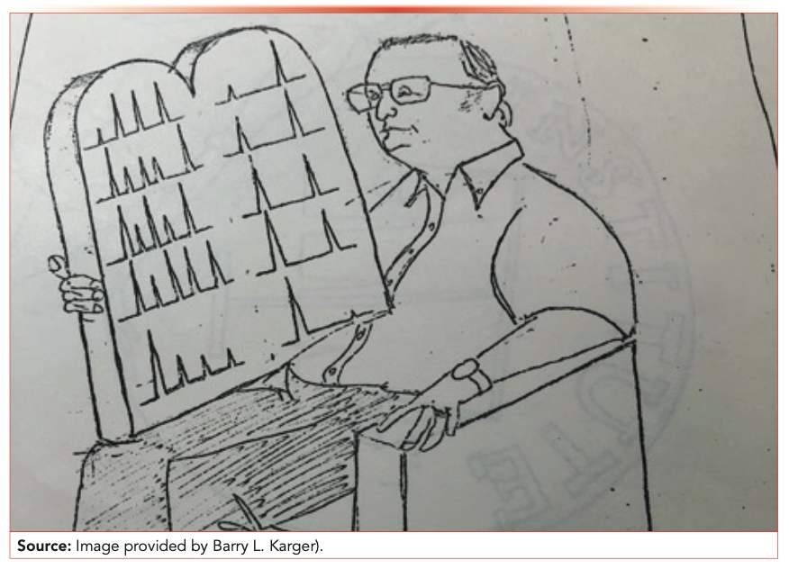 A cartoon depicting the contrasting humor and gravitas of Karger’s laboratory environs drawn by former Karger post doc Kalman “Berci” Benedek in the early 1980s.