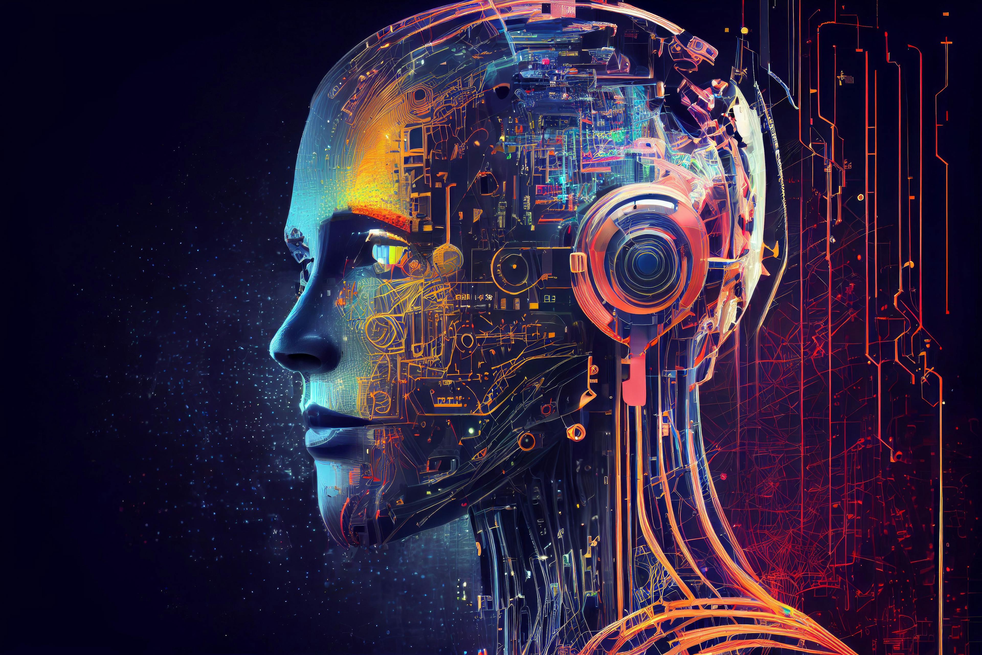 Side view of a humanoid head with blue and yellow eyes and vibrant neon neural network, representing futuristic technology and artificial intelligence. Generative AI | Image Credit: © Sascha - stock.adobe.com