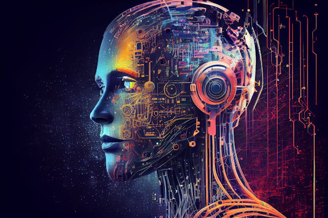 Side view of a humanoid head with blue and yellow eyes and vibrant neon neural network, representing futuristic technology and artificial intelligence. Generative AI | Image Credit: © Sascha - stock.adobe.com