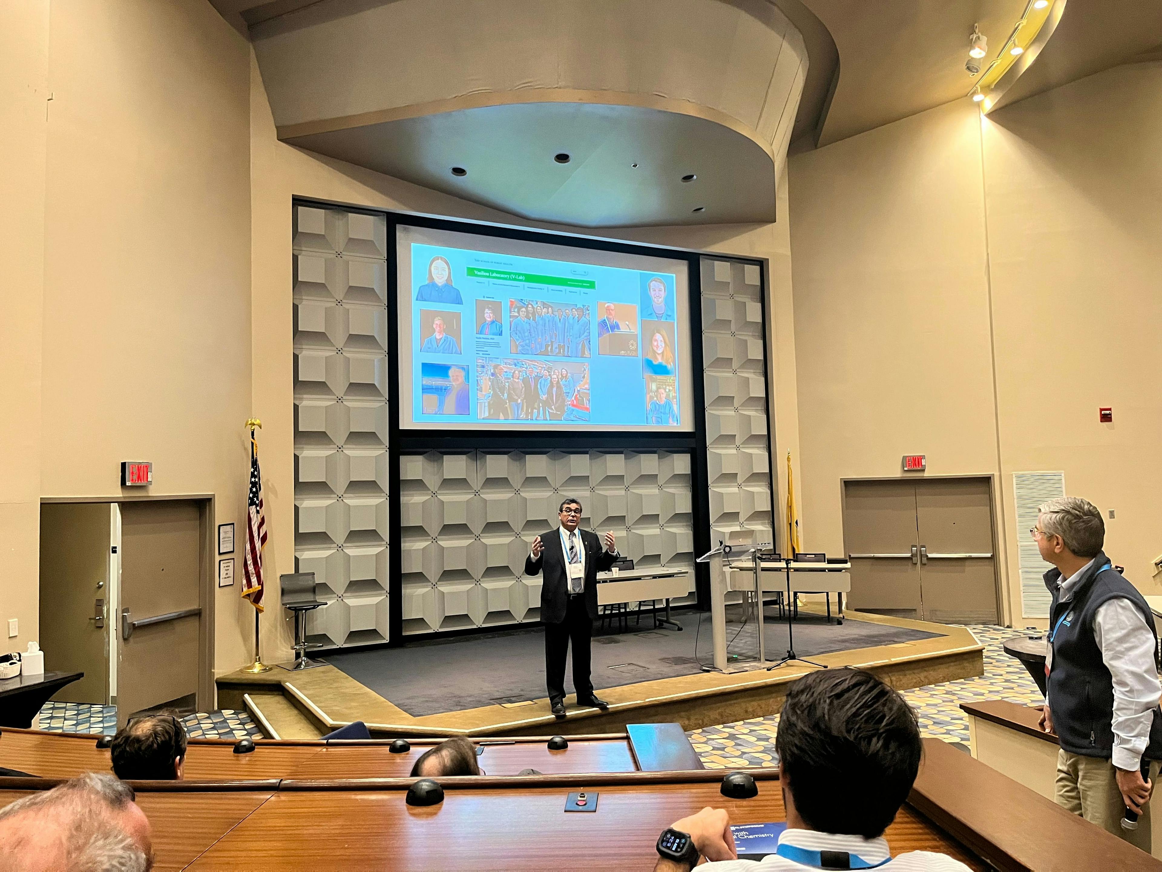 Vasilis Vasilious, chair of the department of Environmental Health Sciences at Yale University, delivering a talk at the Eastern Analytical Symposium in Princeton, New Jersey, on November 14th. | Image Credit: © Caroline Hroncich