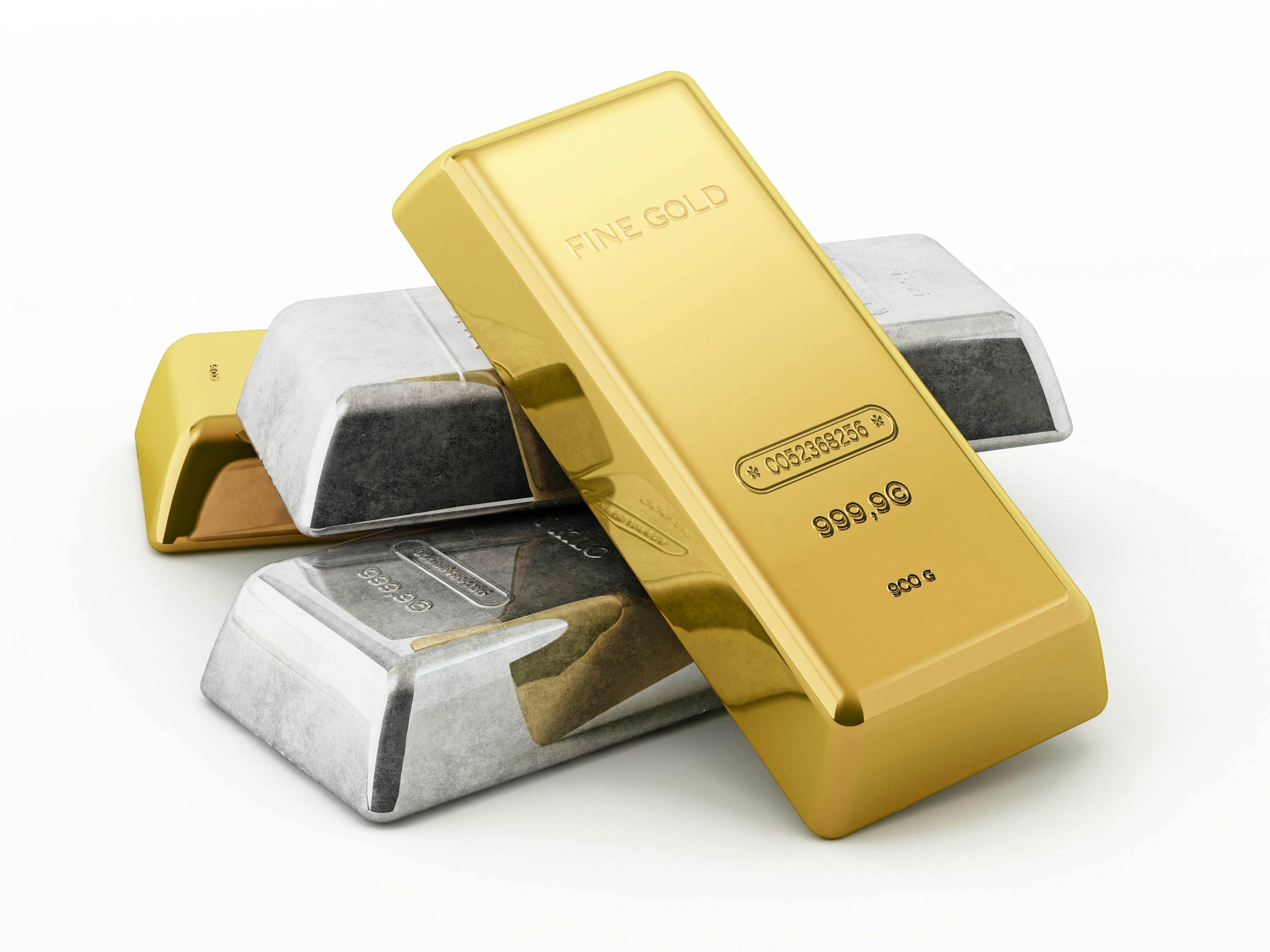 Gold and silver ingots isolated on white background. 3D illustration | Image Credit: © Destina - stock.adobe.com