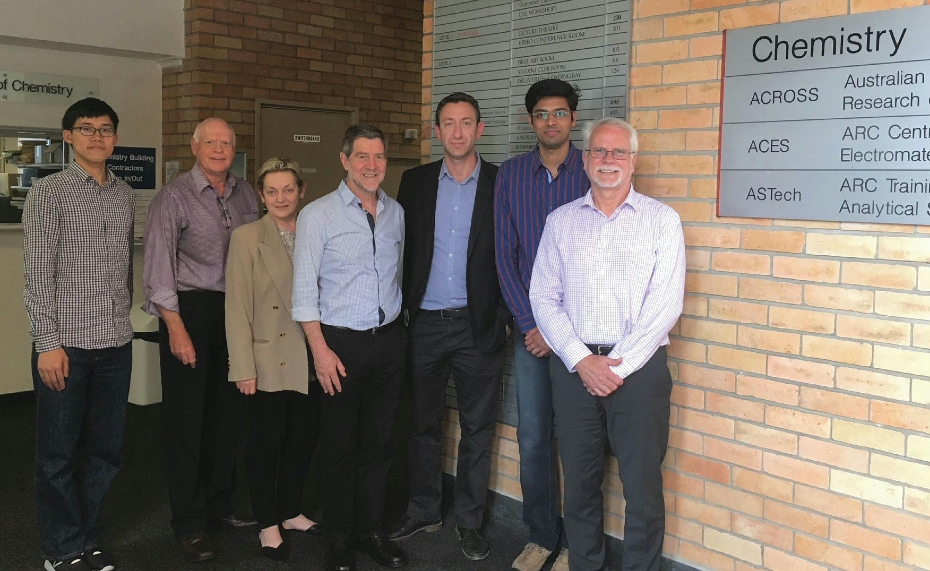 Professor Haddad with long-term industry collaborators and PhD students working together with and within the Training Centre for Portable Analytical Separations Technology (ATech). From left; Mr. Shing Lam, Dr. Steve Hammond, Dr. Sonja Sekulic, Professor Paul Haddad, Professor Brett Paull, Mr. Lewellwyn Coates, and Dr. Andrew Gooley. Image and caption courtesy of Brett Paull.