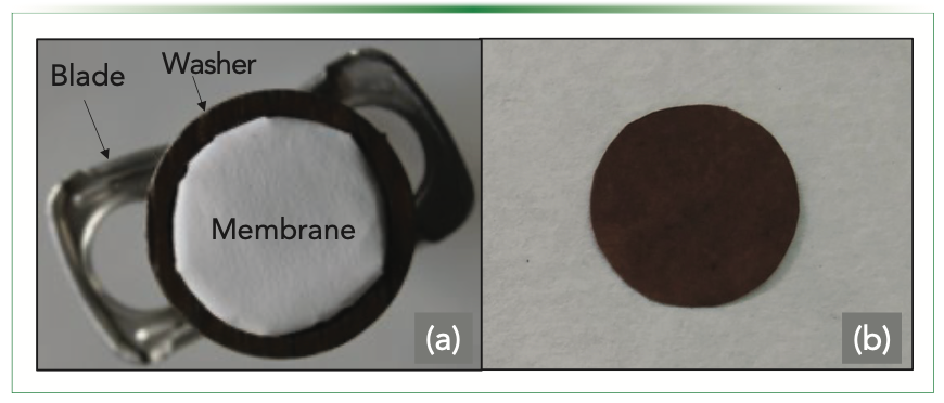 FIGURE 2: (a) Extraction unit designed for polymeric membranes. The membranes are attached to the magnet by a metallic washer; (b) Magnetic membrane synthesized by coating a paper circle into a precursor solution containing a polymeric nanocomposite. Panel (b) reproduced with permission of Elsevier from reference (15).