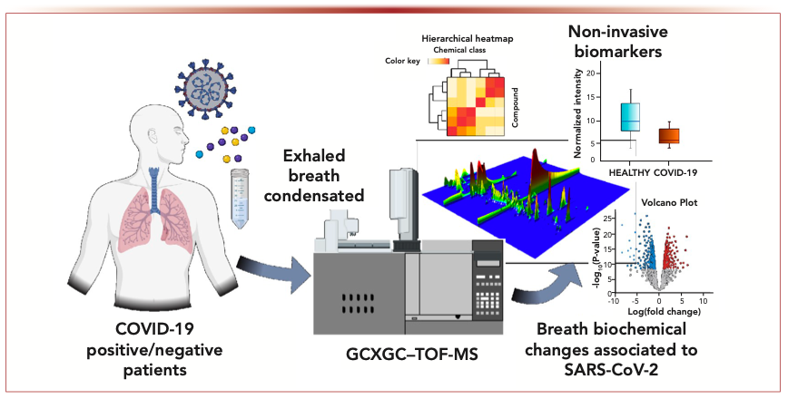 FIGURE 1: Experimental design of the study: Exhaled breath condensate molecules were analyzed using untargeted metabolomics. Statistical analysis performed on quantified molecules was used to identify potential biomarkers and breath-biochemical changes associated with SARS-CoV-2 infection. With permission of the author, from Metabolites 11, 847 (2021).
