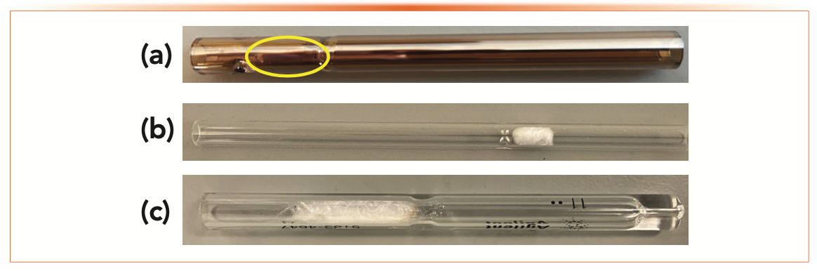 FIGURE 2: Inlet liners for split injections. (a) Deactivated classical cup-design showing the high surface area and curved flow path. The cup is visible in the circled area. The glare is caused by the deactivation process; (b) simple straight tube with glass wool; (c) well-used straight tube with glass wool. Note the contamination near the taper in the middle of the liner.