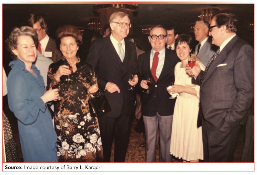 A photo from the 4th International HPLC meeting in Boston in 1979. Karger was the chairman of the meeting. The people in the photo are (left to right): Faith Waters, Sefa Huber, Jack Kirkland, Karger, Trudy Karger, and Josef Huber. Behind Trudy Karger is Jim Waters and behind Mrs. Waters is Peter Schoenmakers. Kirkland, Huber, and Waters are first generation giants in the LC field.