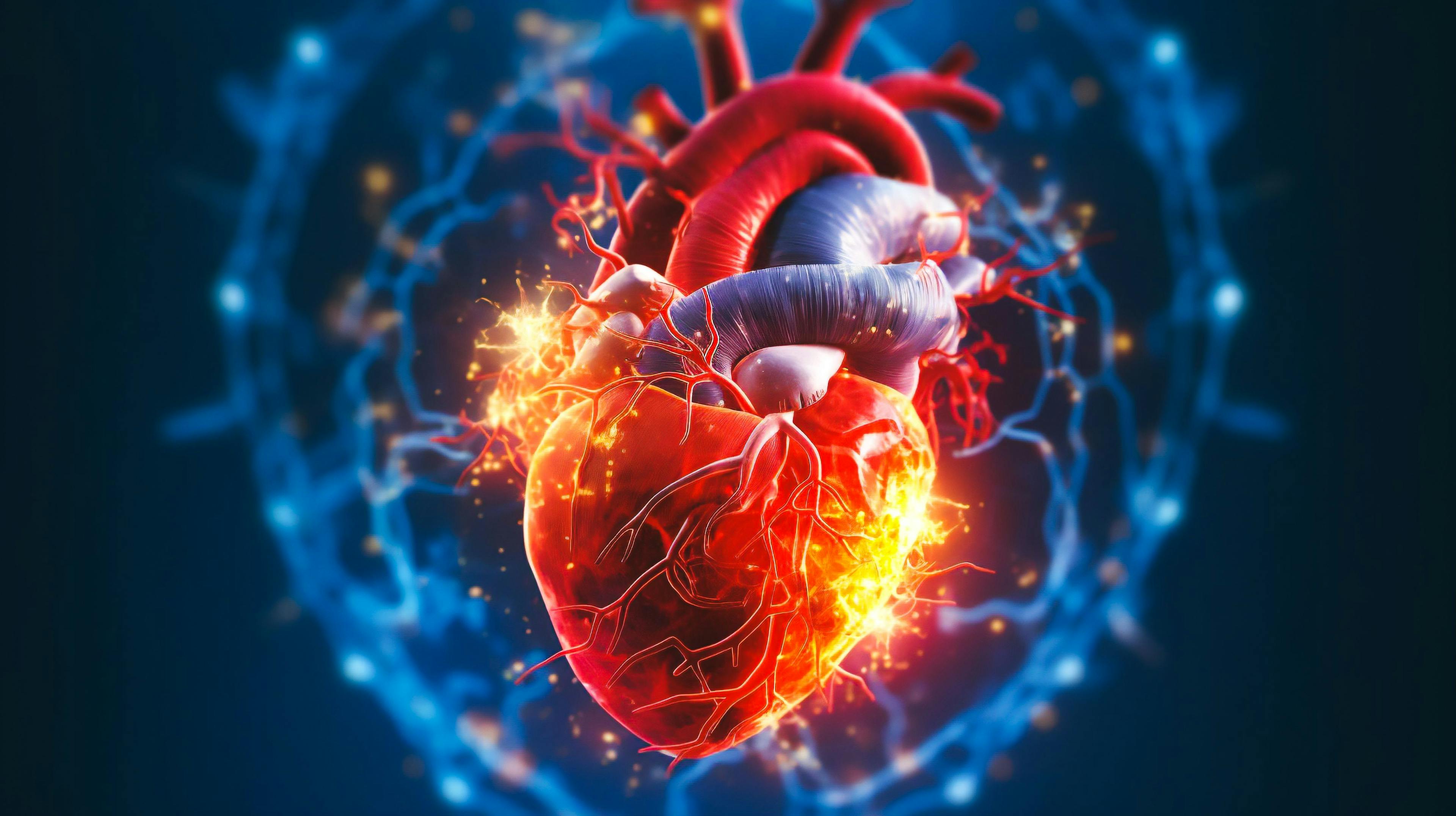 A graphic representation of a human heart with red and blue arteries branching out from it to represent cardiovascular disease. Generative AI | Image Credit: © catalin - stock.adobe.com