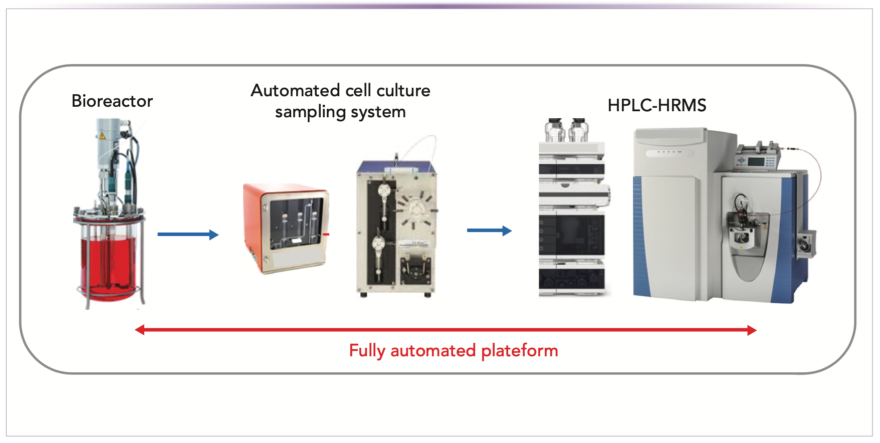 FIGURE 1: Schematic representation of the fully automated HPLC–HRMS platform for the real-time monitoring of antibody QAs for cell culture processes in bioreactors. The system is composed of online sampling liquid from the bioreactor, chromatographic purification of protein from the sampled liquid (thereby providing purified protein), and analysis of the purified protein by HPLC–HRMS.