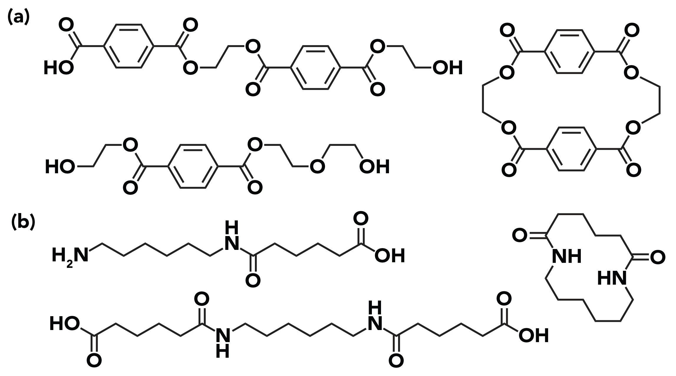 Figure 1: Examples of oligomers/degradants from plastic resins: (a) polyethylene terephthalate oligomers; (b) nylon 6,6 oligomers.