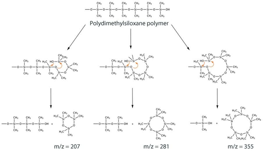 Figure 2: Reaction scheme for formation of cyclic polysiloxane bleed products from a dimethyl polysiloxane immobilized GC stationary phase.