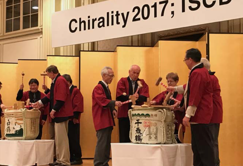 IMAGE 3: Chirality 2017 Tokyo in Japan (left to right at the drum): Prof. Yoshio Okamoto, Prof. Wolfgang Lindner, and Prof. Nina Berova.