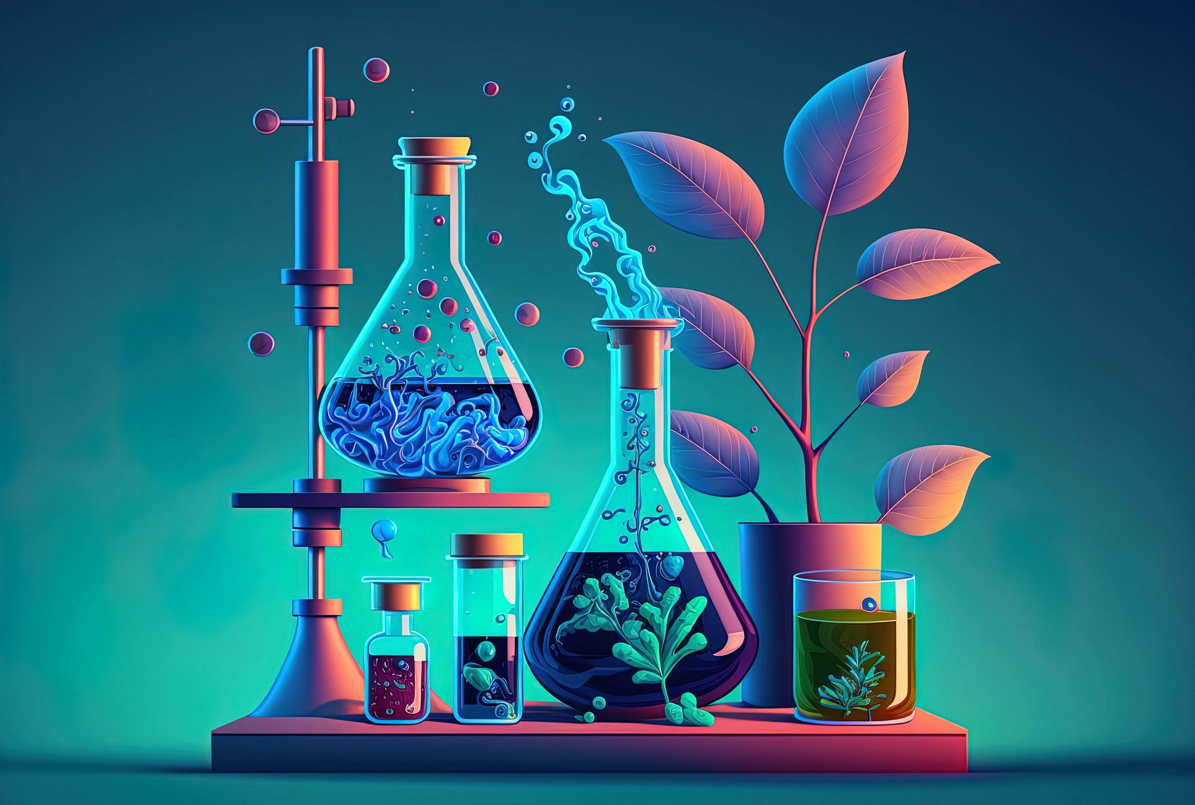 Blue backdrop with a chemistry lab set on a table with colourful substances within. Glassware and biological apparatus. Generative AI