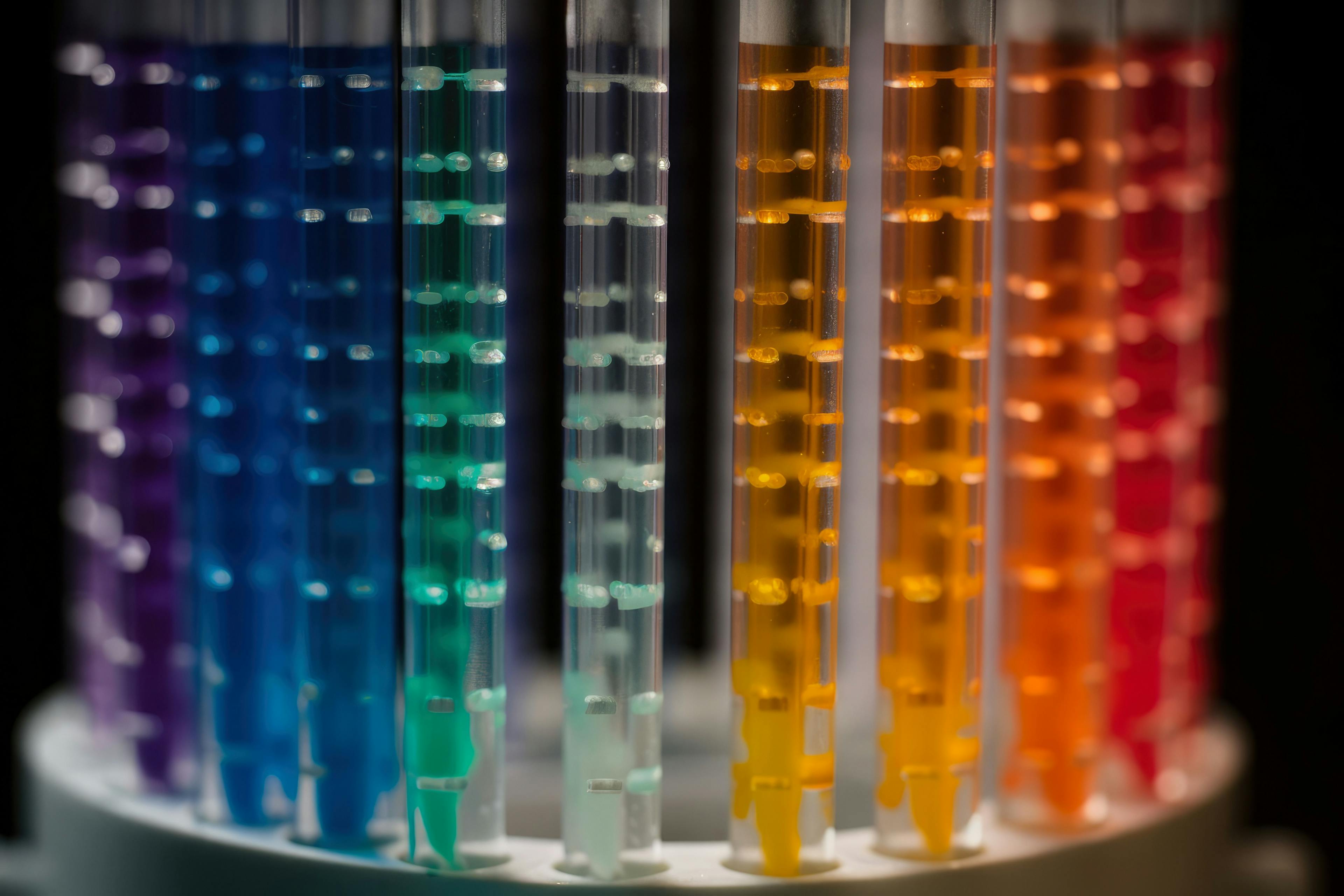 A detailed macro shot of a chromatography column packed with a rainbow of colored beads, used for separating chemical compounds | Image Credit: © aicandy - stock.adobe.com