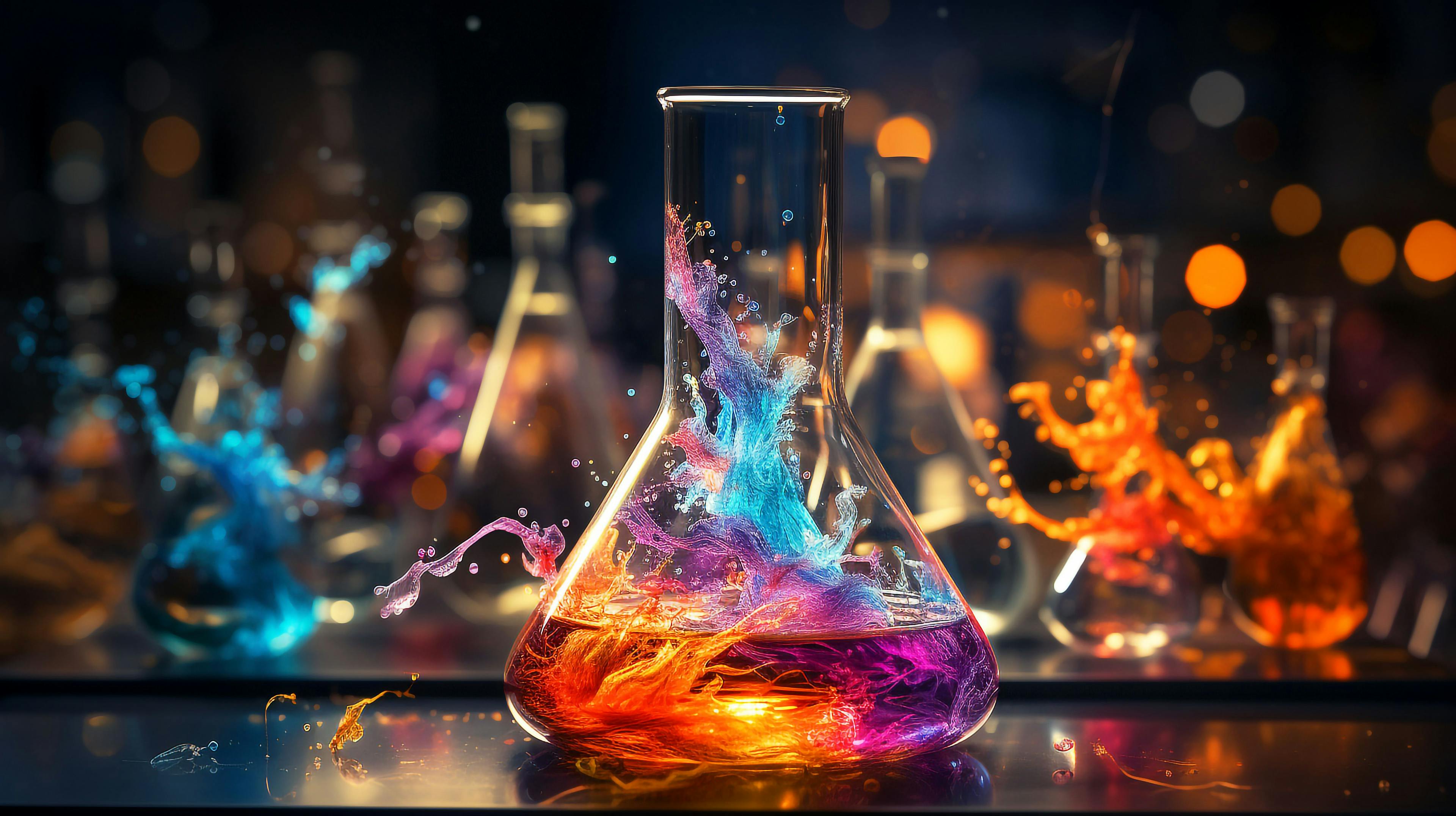 Vivid colorful explosion in lab beaker. Generative AI image. | Image Credit: © 용성 김 - stock.adobe.com.