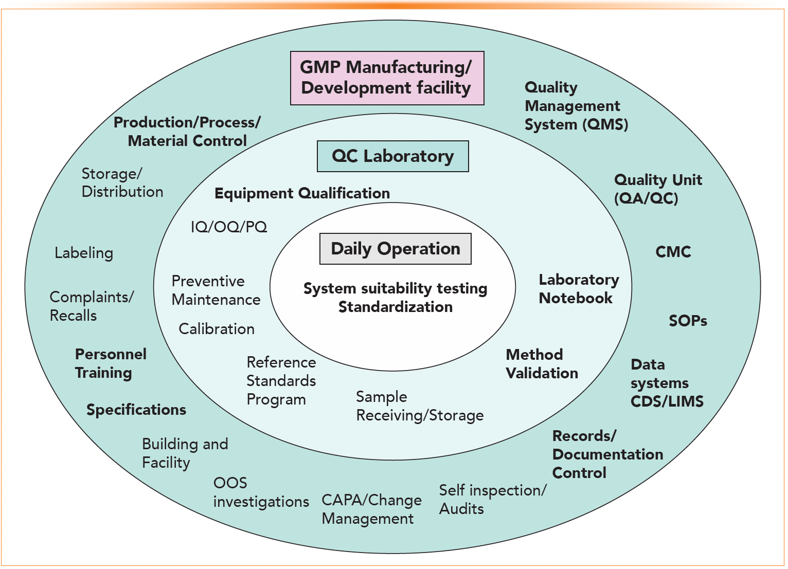FIGURE 2: An example of the organizational structure of quality systems and processes in a GMP manufacturing and development facility, including within a QC laboratory. This figure is extracted from reference 10 and revised to include additional GMP components. Bold texts are components of more relevance in the workflow of QC analysts.