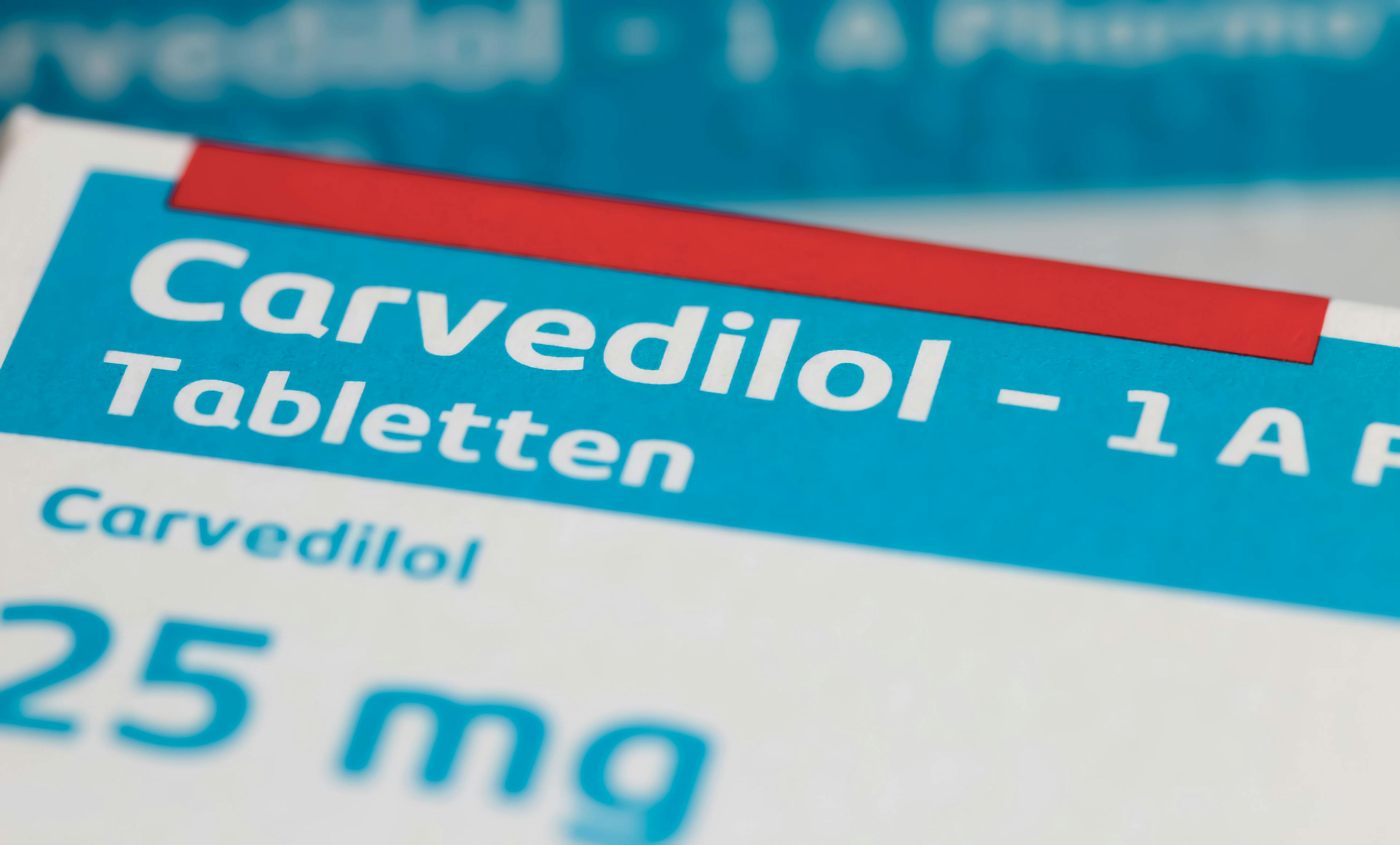 Viersen, Germany - July 9. 2023: Closeup of package Carvedilol alpha and beta blocker pills from 1 A pharma | Image Credit: © Ralf - stock.adobe.com