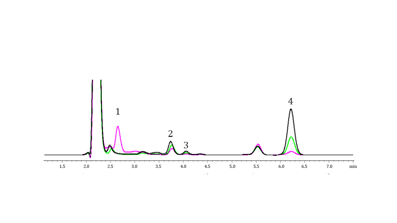 Figure 2: Sourdough timepoints: Pink is time 0, Green is 12 h, Black is 24 h. Peak 1: glucose and sample matrix. Peak 2: lactic acid. Peak 3: glycerol. Peak 4: ethanol
