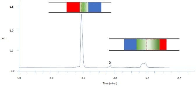 Figure 3: Separation of two model analytes using reversed-phase HPLC; C18 100 x 2.1 mm, starting gradient composition 90:10 aq: MeCN for 1 min followed by linear gradient to 70% MeCN in 12 min; Column representations: Green – analyte band / Blue – weaker solvent / Red – stronger solvent; sample diluent ethyl acetate; injection volume 10 mL; S = sample solvent peak