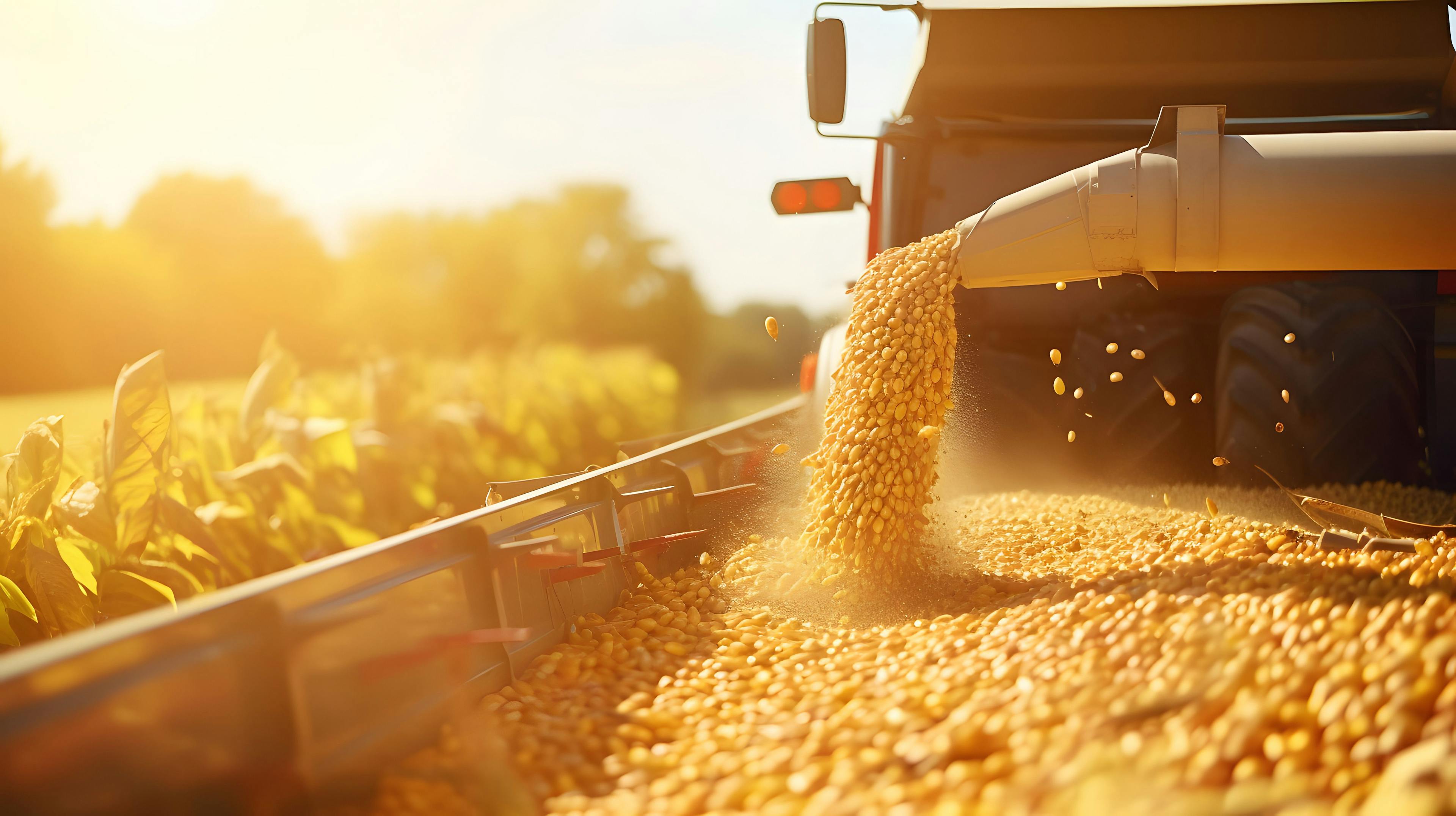 Harvester pouring freshly harvested corn maize seeds or soybeans into container trailer near, closeup detail, afternoon sunshine. | Image Credit: © Clipart Collectors - stock.adobe.com. 