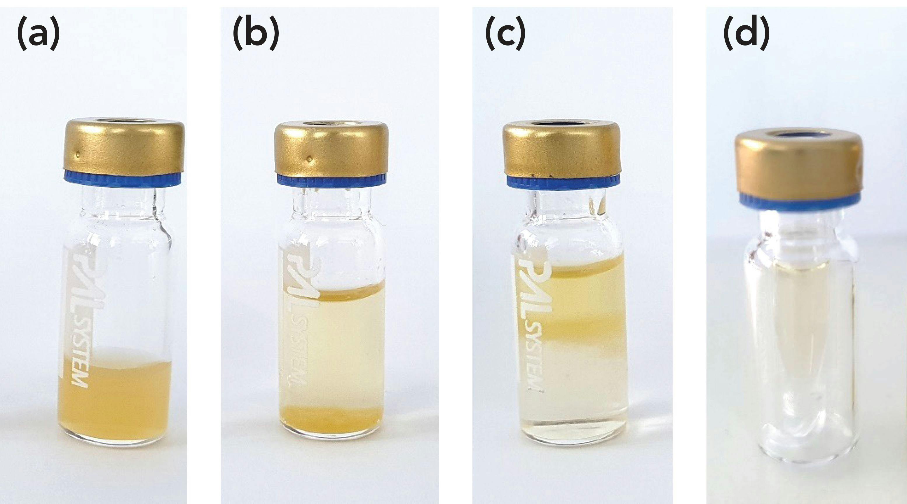 FIGURE 4: Workflow steps visualized in the 2 mL vials of the automated juice extraction and cleanup. Shown are (a) orange juice from the juice box; (b) orange juice and acetonitrile vortexed; (c) orange juice and acetonitrile, with sodium chloride saturated phase separation; and (d) cleaned extract after the μSPE step, injected.